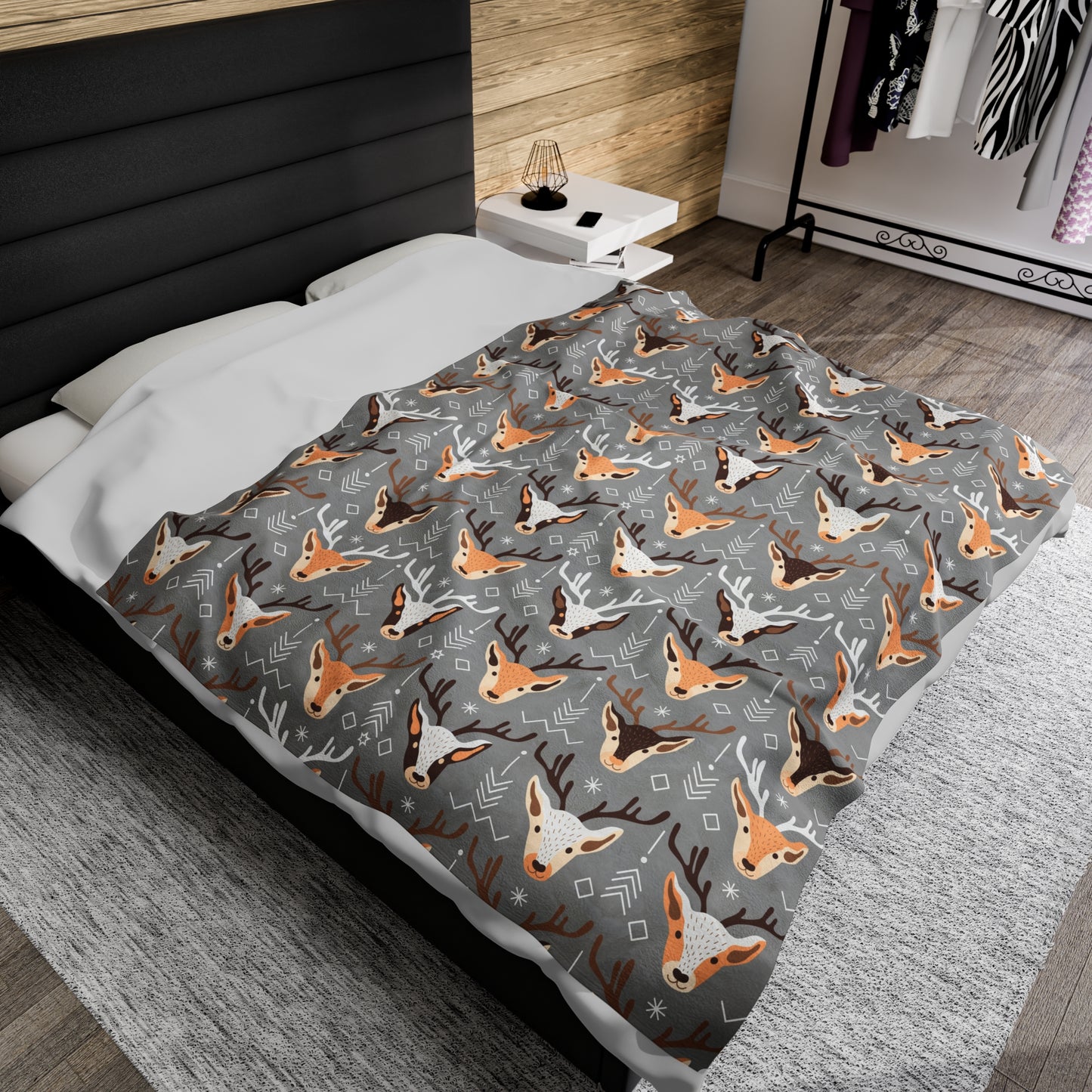 Christmas Reindeer Plush Blanket - Grey