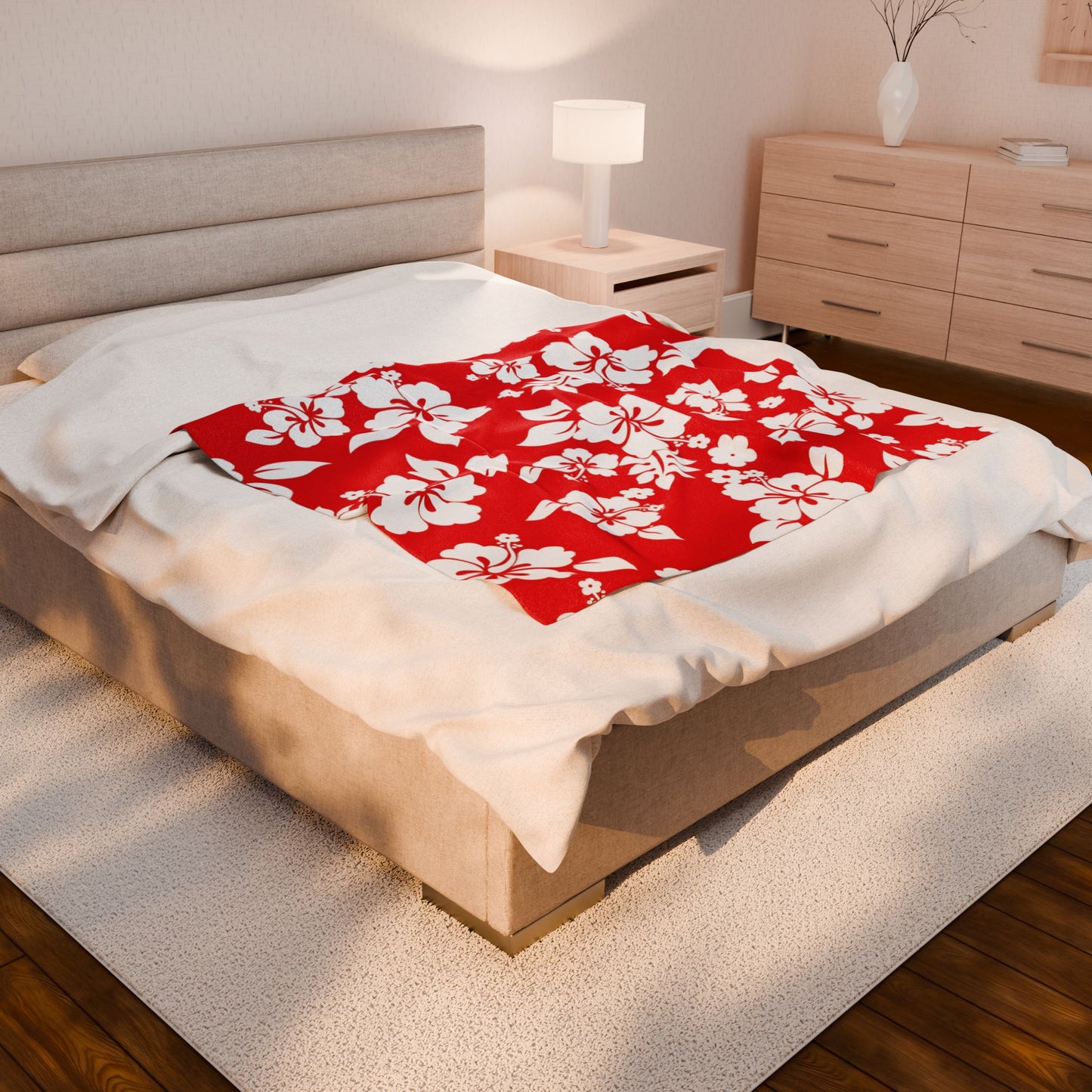 Tropical Floral Velveteen Plush Blanket - Cozy Red Hibiscus Design
