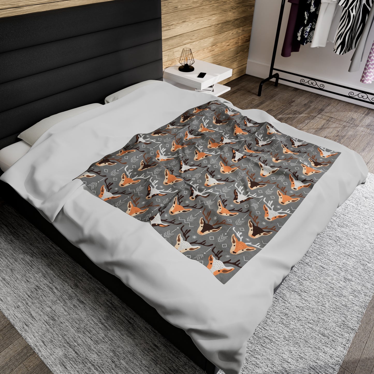 Christmas Reindeer Plush Blanket - Grey