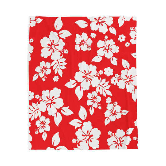 Tropical Floral Velveteen Plush Blanket - Cozy Red Hibiscus Design